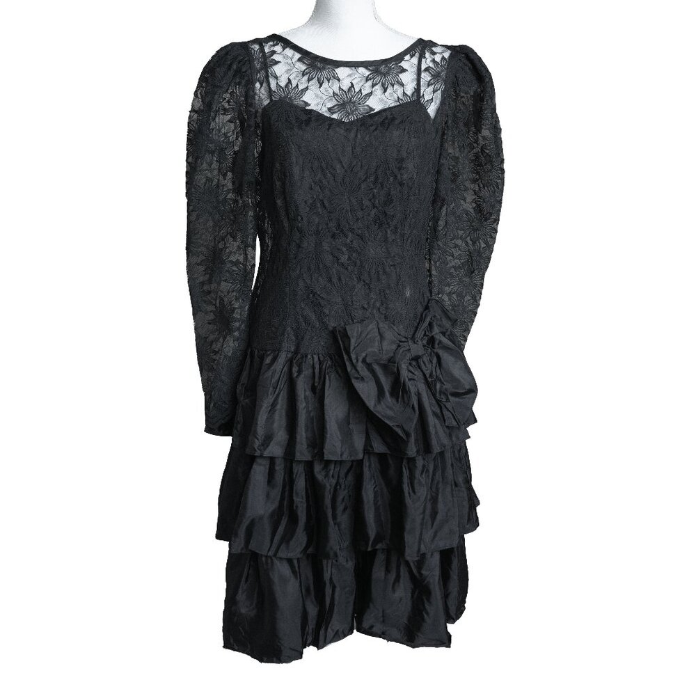 Black Lace Tiered Midi Dress - Women's Elegant Evening Dress